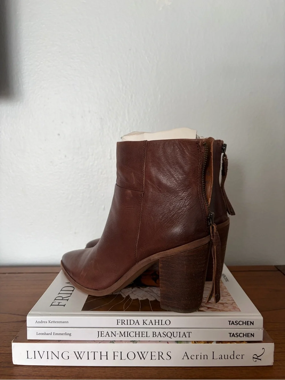 Franco Sarto Brown Leather Pointed Toe Block Heel Ankle Boots